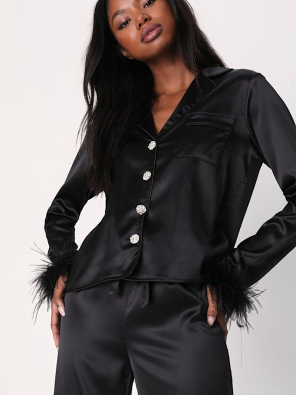 Lulus Fabulous Black Satin Feather Trim Pajama Set